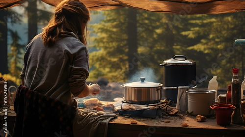 キャンプ場でご飯を作る後ろ姿の女性