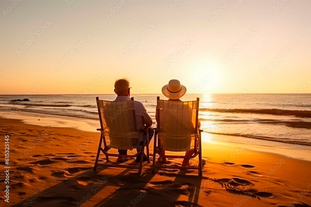 Happy seniors enjoying of retirement with a beach in morning, AI generated Illustration