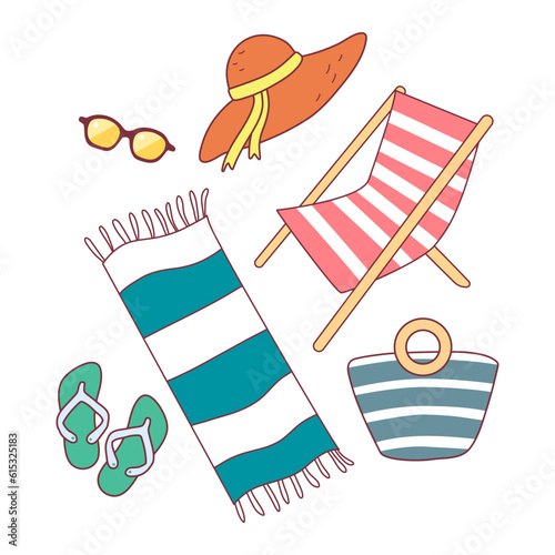 Travel symbols and attribute for relaxing on the beach in a flat style insulated on a white background. Sunbed, flippers, flip-flops, bag, glasses, hat.