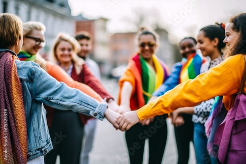 Group of lgbt people holding hands outside - Diverse happy friends hugging outdoors. AI generated Illustration