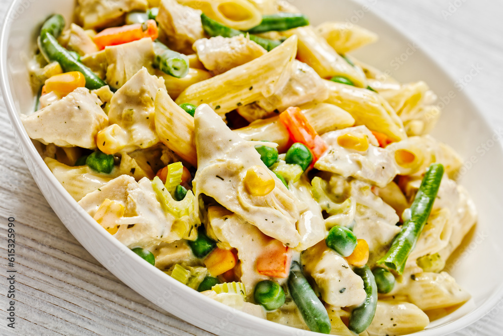 Creamy Chicken and Penne Pasta Casserole in bowl