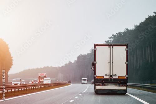 Delivery truck on the Europe highway. Semi-truck with cargo trailer driving at the tunnel. Fast moving truck. Lorry driver rides his modern truck
