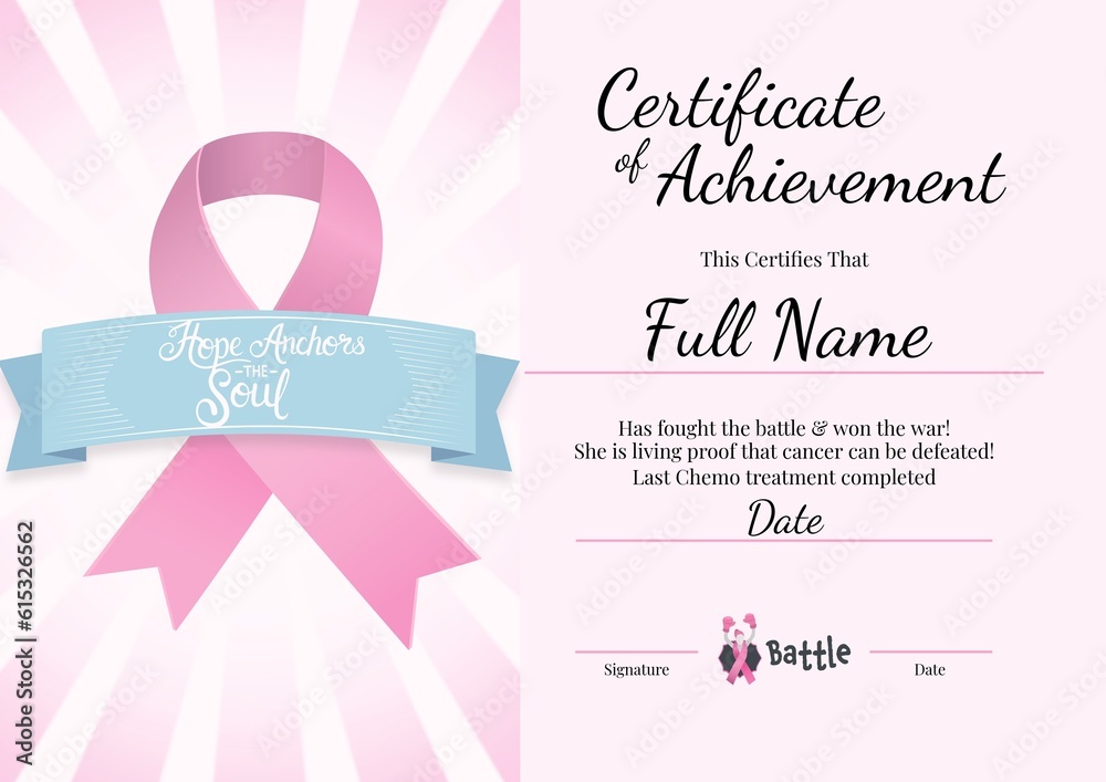 Illustration of certificate of achievement, this certifies that full name text with awareness ribbon
