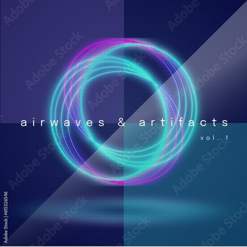 Illustration of airwaves and artifacts, vol 1 text over illuminated spiral pattern, copy space