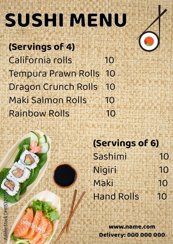 Illustration of sushi menu with list and prices, website name and number on abstract