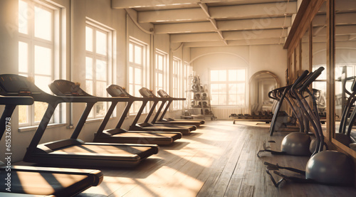 a gym room with tread machines and mirrors photo