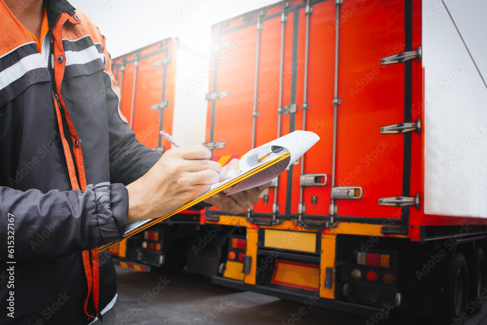 Truck Drivers Hold a Clipboard The Checking Container Door. Security of Cargo Shipping. Maintenance Check. Inspection Safety Checks Before Driving. Delivery Freight Truck Logistics Transport. Truck Drivers Hold a Clipboard The Checking Container Door. Security of Cargo Shipping. Maintenance Check. Inspection Safety Checks Before Driving. Delivery Freight Truck Logistics Transport.