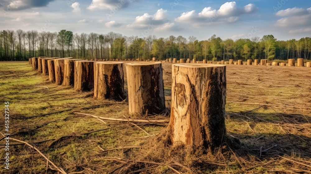 Silent Witnesses: A row of tree stumps in a deforested area, serving as silent witnesses to the destruction of ecosystems | generative ai