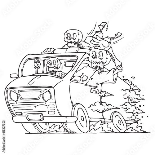 coloring illustration of skeleton driving an ambulance
