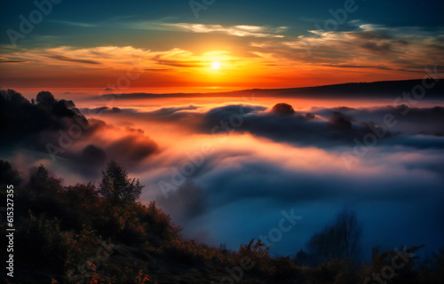sunrise over clouds above fog and fog