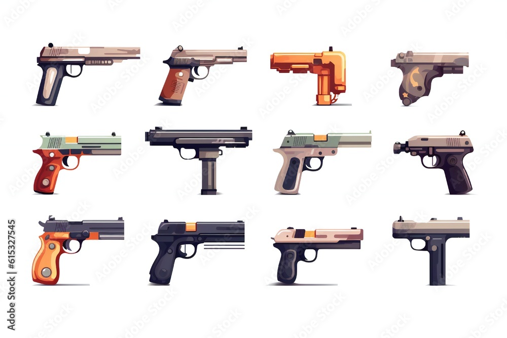 Set of guns on white background Generative AI 