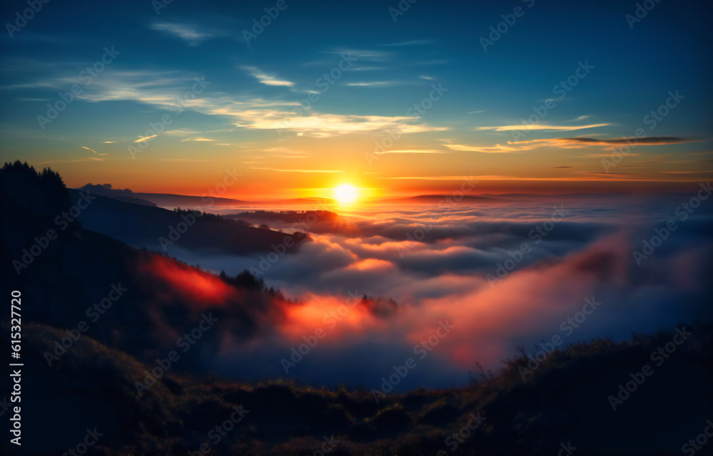 sunrise over clouds above fog and fog