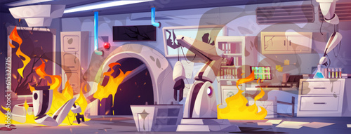 Fire in science laboratory with robot for research vector background. Broken chemical lab room interior with danger alert and flame. Chaos and disaster for pharmaceutical nanotechnology equipment