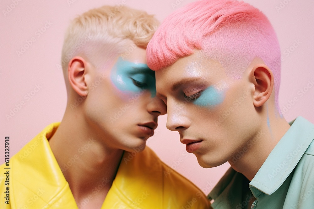 Rainbow passion: pink haired men's indulgent kiss of pride amidst pastel hues and stunning blue eyes surrounded by fashionable apparel. Lgbt homosexual queer genderless pride celebration Rainbow passion: pink haired men's indulgent kiss of pride amidst pastel hues and stunning blue eyes surrounded by fashionable apparel. Lgbt homosexual queer genderless pride celebration