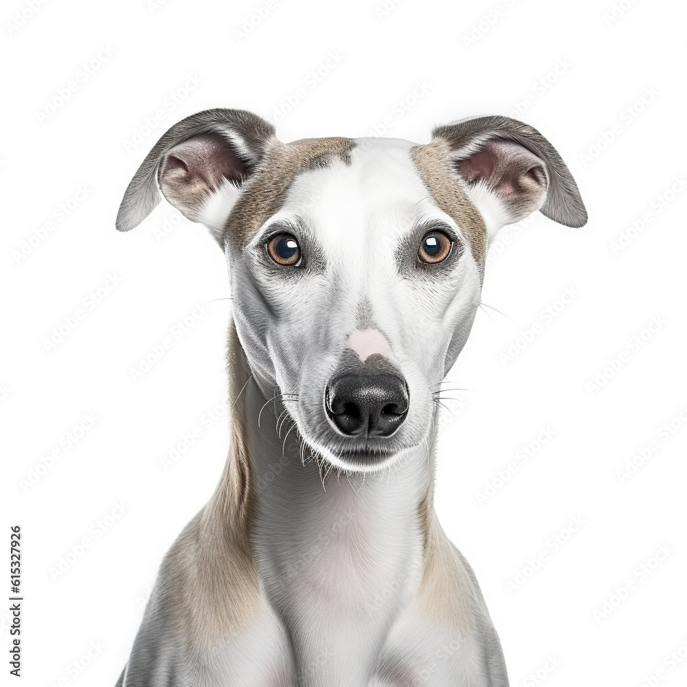 Whippet dog portrait isolated on a white background, ai generative. Whippet dog portrait isolated on a white background, ai generative.