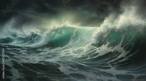 Turbulent Waters: Stormy seas and turbulent waves, illustrating the increasing intensity of storms fueled by warmer ocean temperatures | generative ai