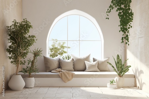 Tropical tranquility: a glimpse into Mediterranean paradise with lush houseplants in elegant vases blooming accented with bright flowerpots on an indoor patio set beside a windowsill