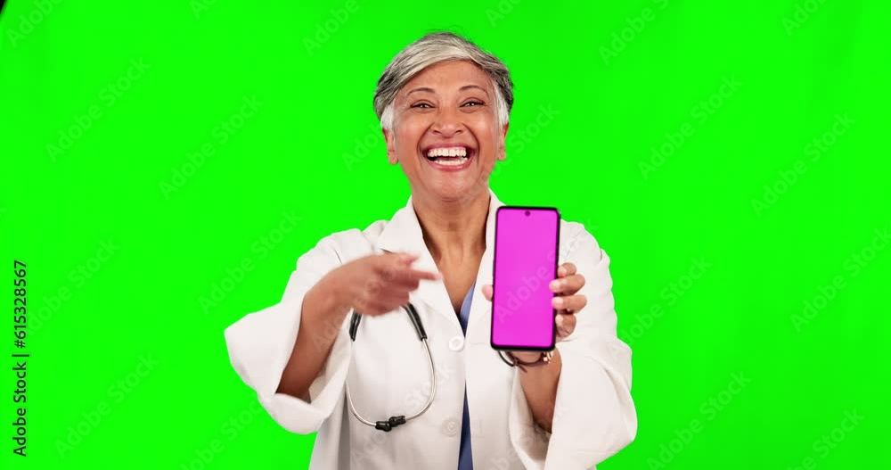 Doctor, pointing and phone on green screen in healthcare presentation, promotion and insurance, telehealth or contact. Happy face, senior medical woman and show mockup, mobile and studio background Doctor, pointing and phone on green screen in healthcare presentation, promotion and insurance, telehealth or contact. Happy face, senior medical woman and show mockup, mobile and studio background