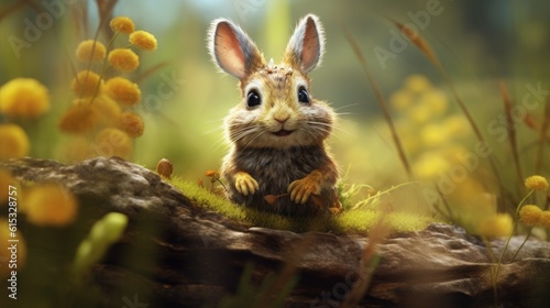 Cute little rabbit sitting on a stone with yellow flowers in the forest