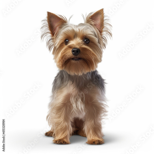 Yorkshire Terrier dog sitting, isolated in front of a white background, ai generative.