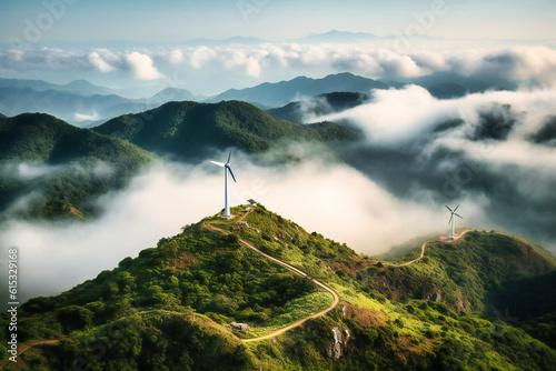 Photographie a wind turbine is seen over a hillside and surrounded by clouds