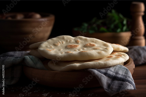 a stack of oriental tortillas on a wooden table  close-up