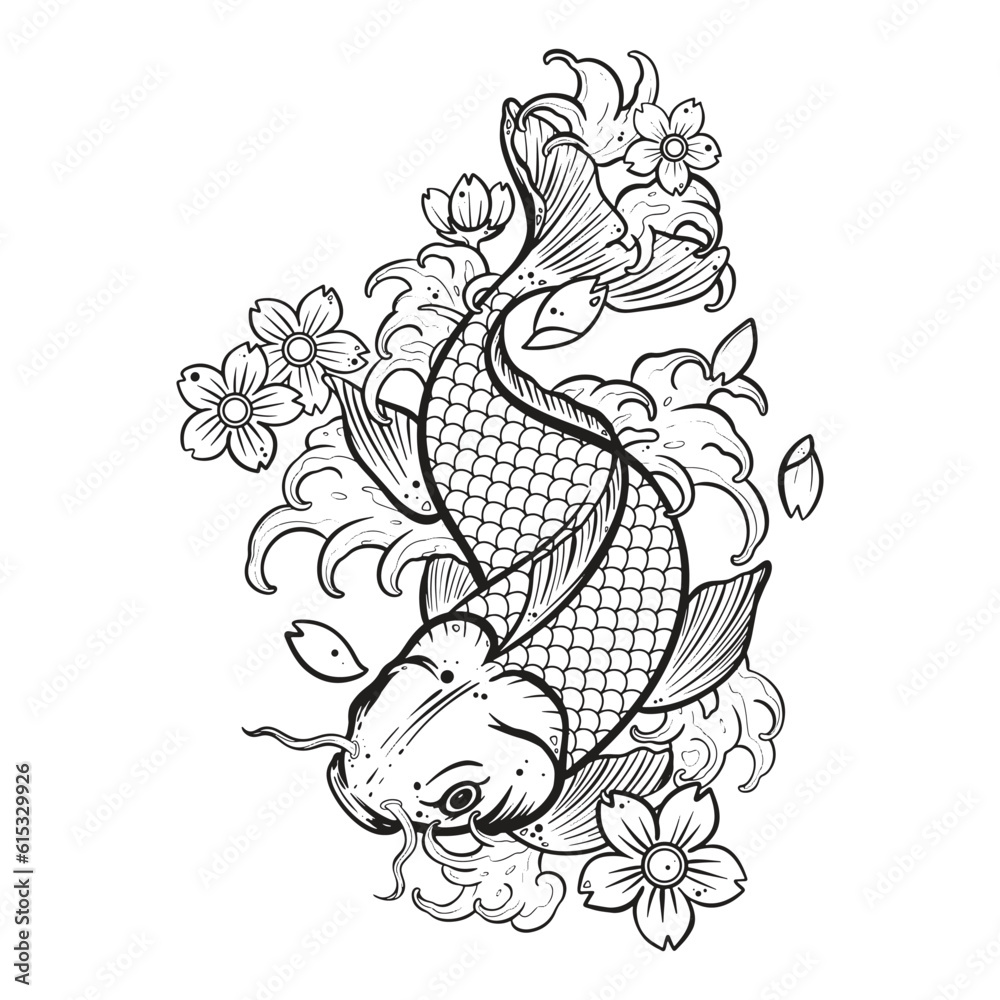 Black tattoo koi fish on white background Stock Vector
