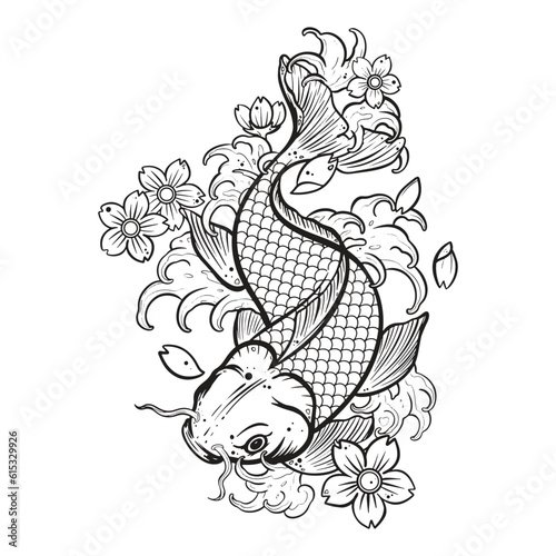 Black tattoo koi fish on white background
