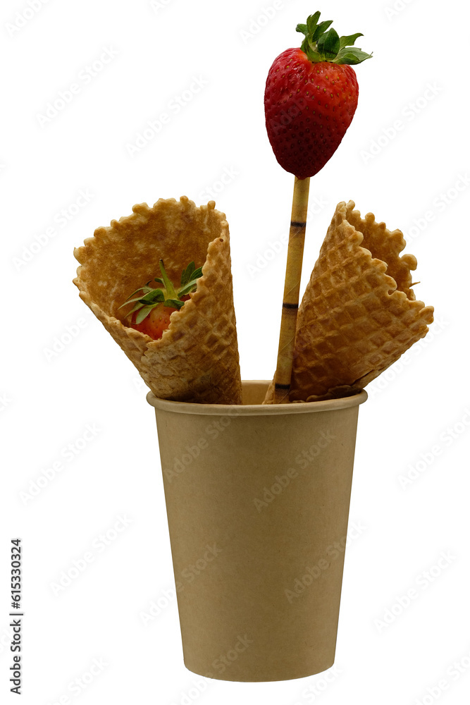 Disposable paper cup with a drinking straw. Edible wafer cups or cones. Strawberries. 