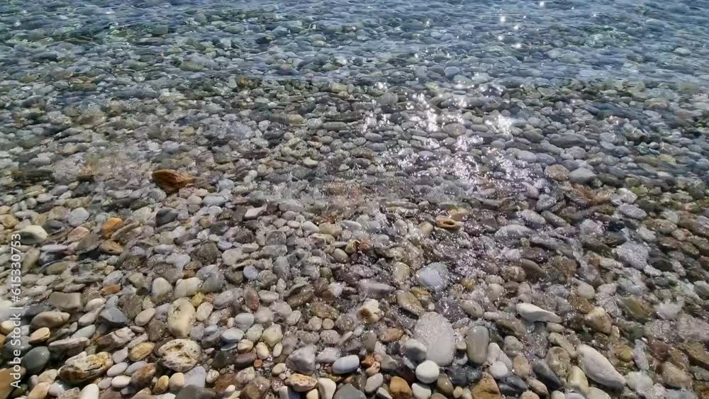 Closeup Of Kinira Beach, Pebble Beach, Crystal Clear Water, Waves Splashing, Thassos Island, Greece, Europe Closeup Of Kinira Beach, Pebble Beach, Crystal Clear Water, Waves Splashing, Thassos Island, Greece, Europe