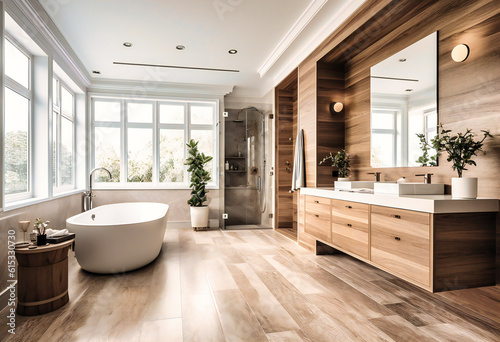 a large  modern  white bathroom filled with wood