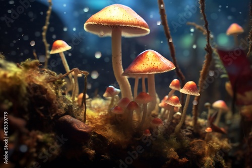 Life of mushrooms in magic forest Generative AI 