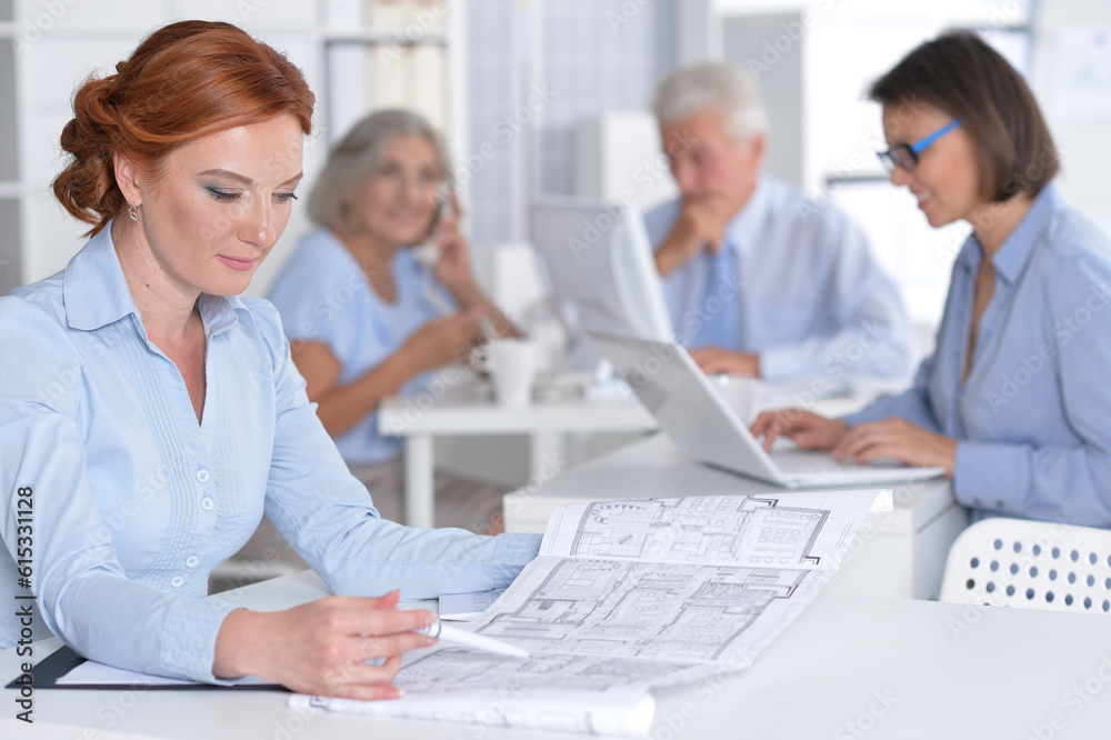 business woman working in office, her colleagues on background business woman working in office, her colleagues on background