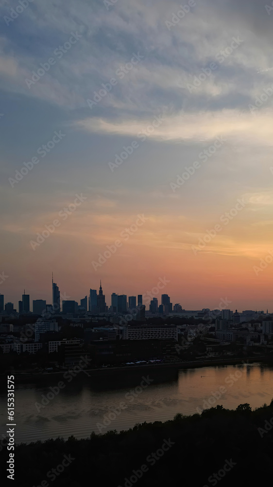 Naklejka premium City panorama, Warsaw skyline with at beautiful sunset clouds..