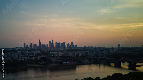 City panorama, Warsaw skyline with at beautiful sunset clouds..
