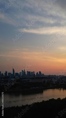 City panorama  Warsaw skyline with at beautiful sunset clouds..