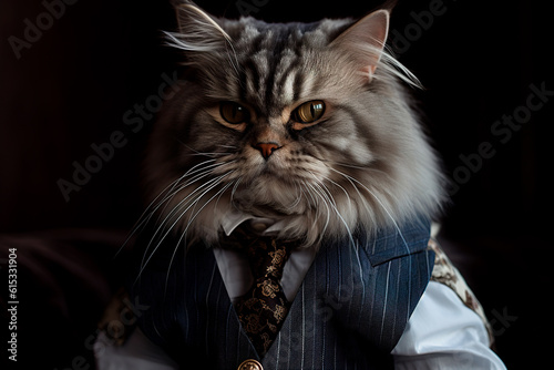 Portrait of ambition, well-dressed cat. Furry, well-fed cat in expensive suit. Generative AI