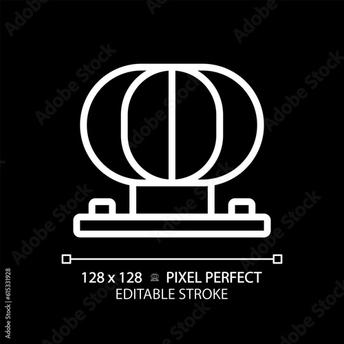 Roof vent white linear icon for dark theme. Attic ventilation. Home improvement. Air exchange. Hvac system. Air raid siren. Thin line illustration. Isolated symbol for night mode. Editable stroke