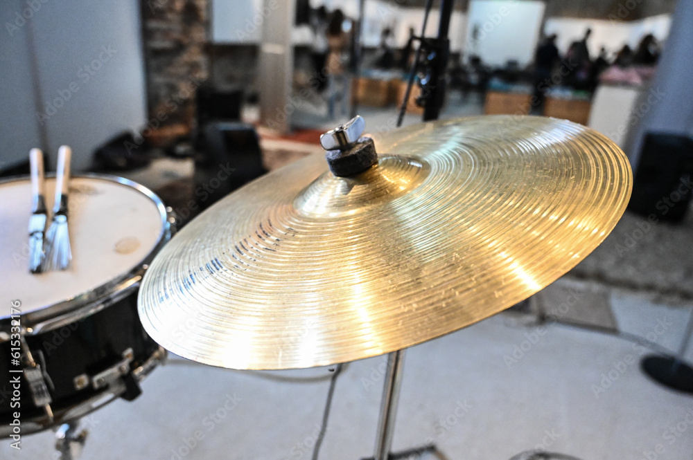 Drums in studio. Snare drum and crash cymbal. Music instrument. Drums in studio. Snare drum and crash cymbal. Music instrument.