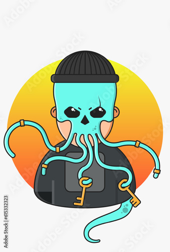 Vector illustration of villain in gray clothes hat and blue octopus mask with rings and keys