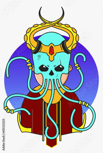 Tela Vector illustration of vip villain with horns crown and octopus mask in jewelry