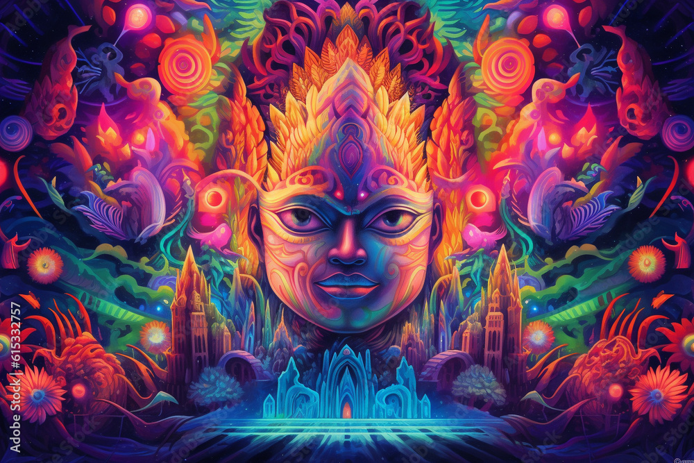 The ayahuasca psychedelic experience representation, a transformative journey that combines ancient traditions and spiritual exploration, offering profound insights and self discovery. Ai generated