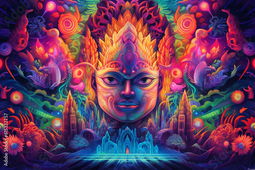 The ayahuasca psychedelic experience representation, a transformative journey that combines ancient traditions and spiritual exploration, offering profound insights and self discovery. Ai generated