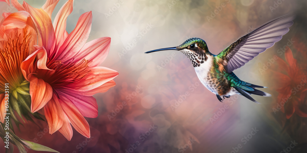 Obraz premium Stunning colibri hovering near vivid flowers, intricate feather & floral details captured. Aesthetic watercolor backdrop enhancing natural beauty. Emotionally captivating. Generative AI