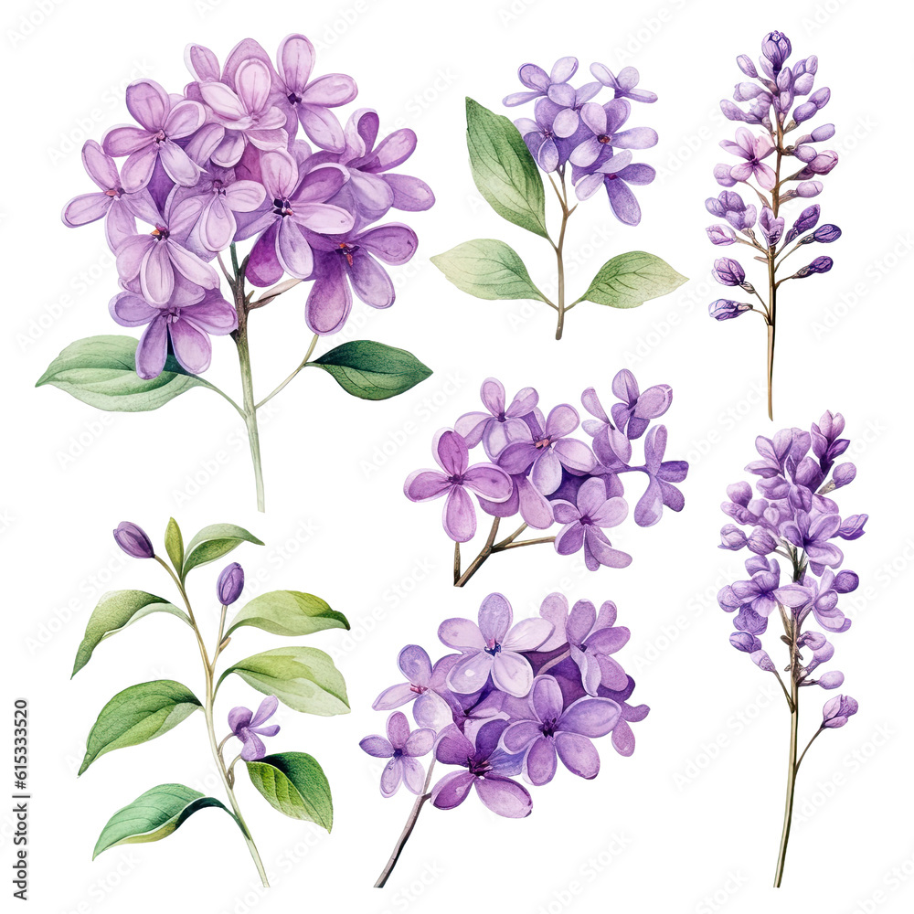 set of purple lilac flower Watercolor isolated illustration transparent ...