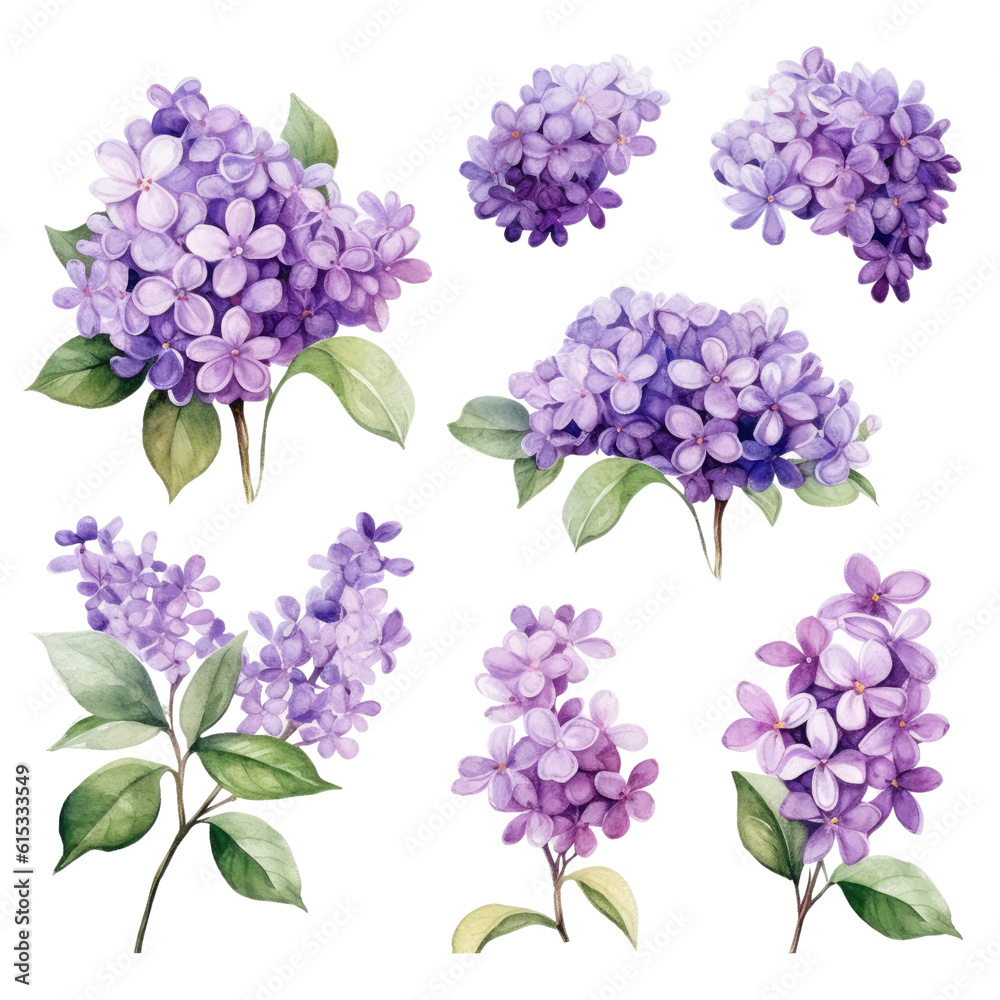 set of purple lilac flower Watercolor isolated illustration transparent ...
