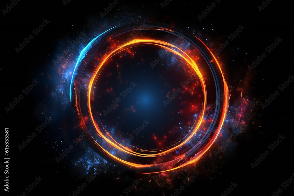 3d circle frame with red and blue fire trails with particles on black background Generative AI 3d circle frame with red and blue fire trails with particles on black background Generative AI