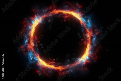 3d circle frame with red and blue fire trails with particles on black background Generative AI