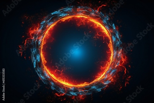 3d circle frame with red and blue fire trails with particles on black background Generative AI