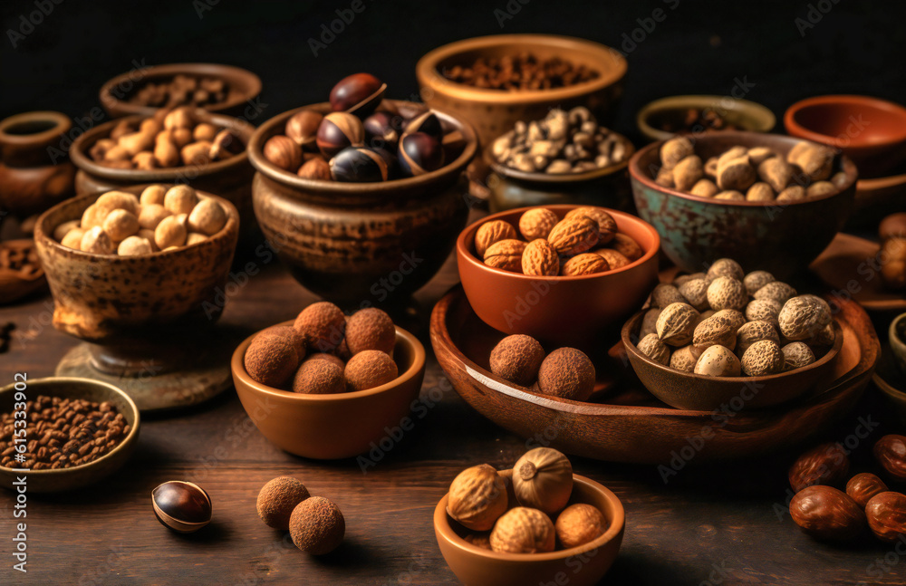 nuts in bowls on a brown background nuts in bowls on a brown background